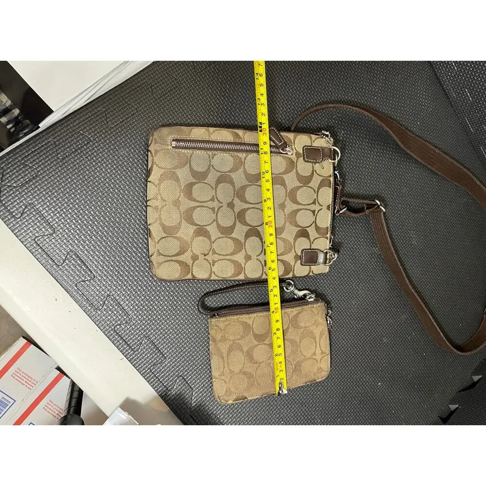 Coach‎ Signature Canvas Brown Stripe Leather Jacquard Crossbody And Wallet
